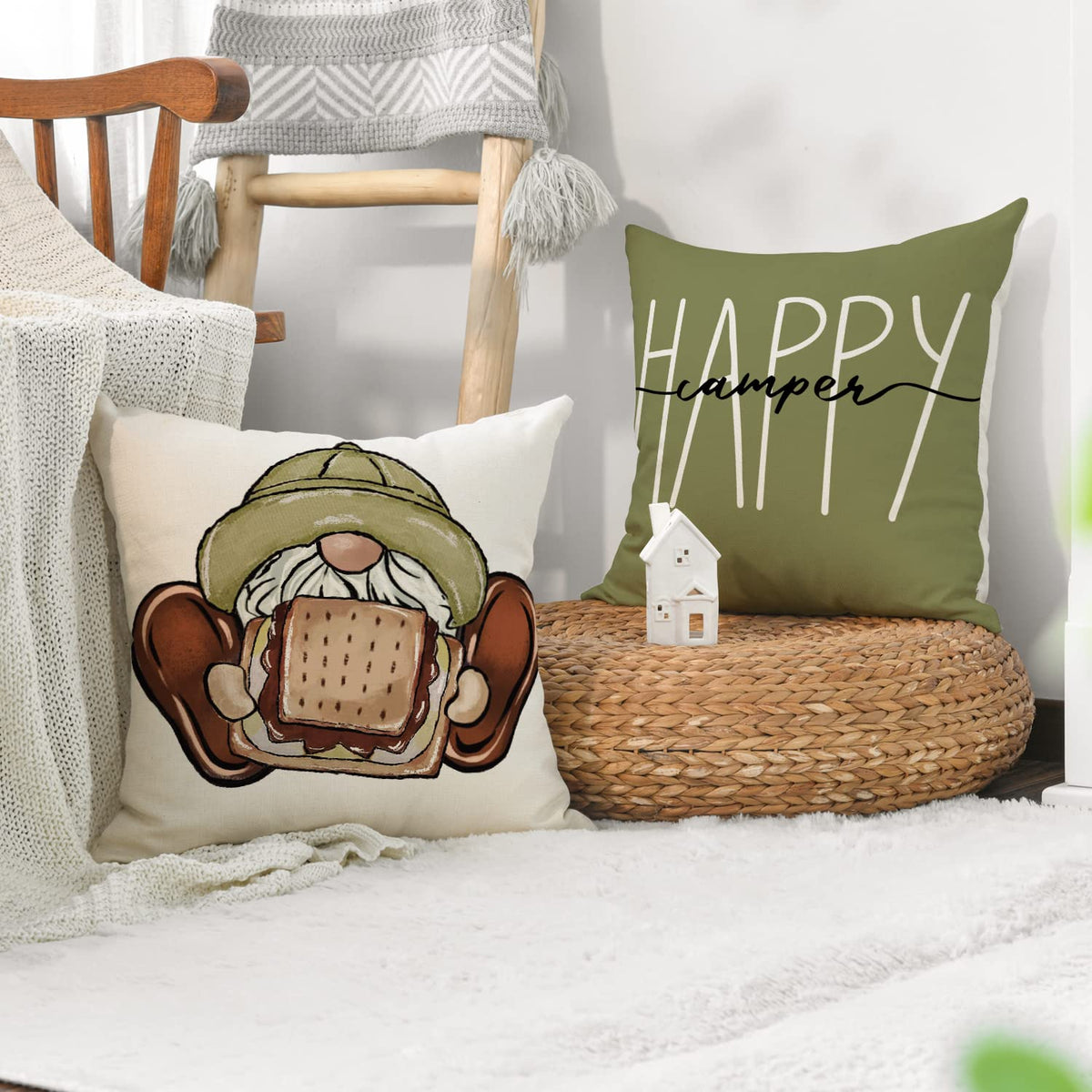 Velvet Happy Camper Camping Life Throw Pillow Covers 18x18 Set of 4, Gnome
