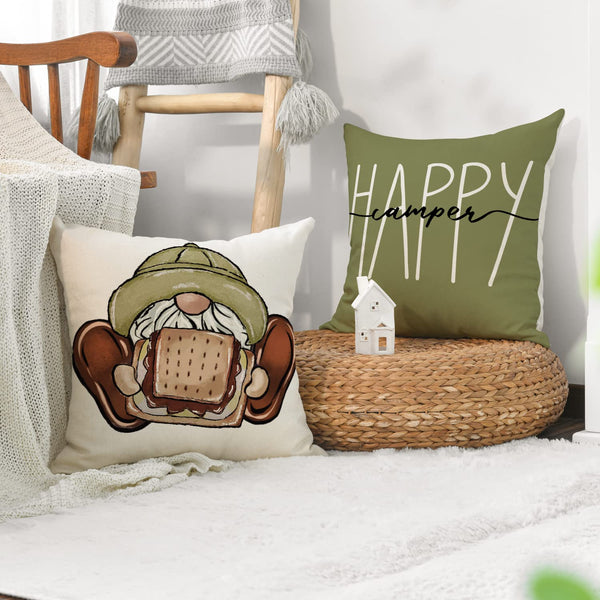 Velvet Happy Camper Camping Life Throw Pillow Covers 18x18 Set of 4, Gnome