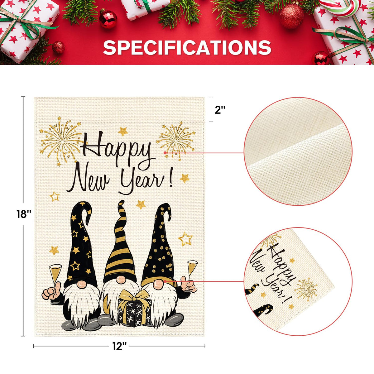 Happy New Years Gnome Garden Flag Vertical 1-Sided, Winter Holiday Star Party Yard Outdoor