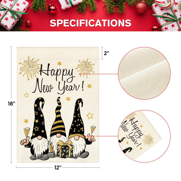Happy New Years Gnome Garden Flag Vertical 1-Sided, Winter Holiday Star Party Yard Outdoor