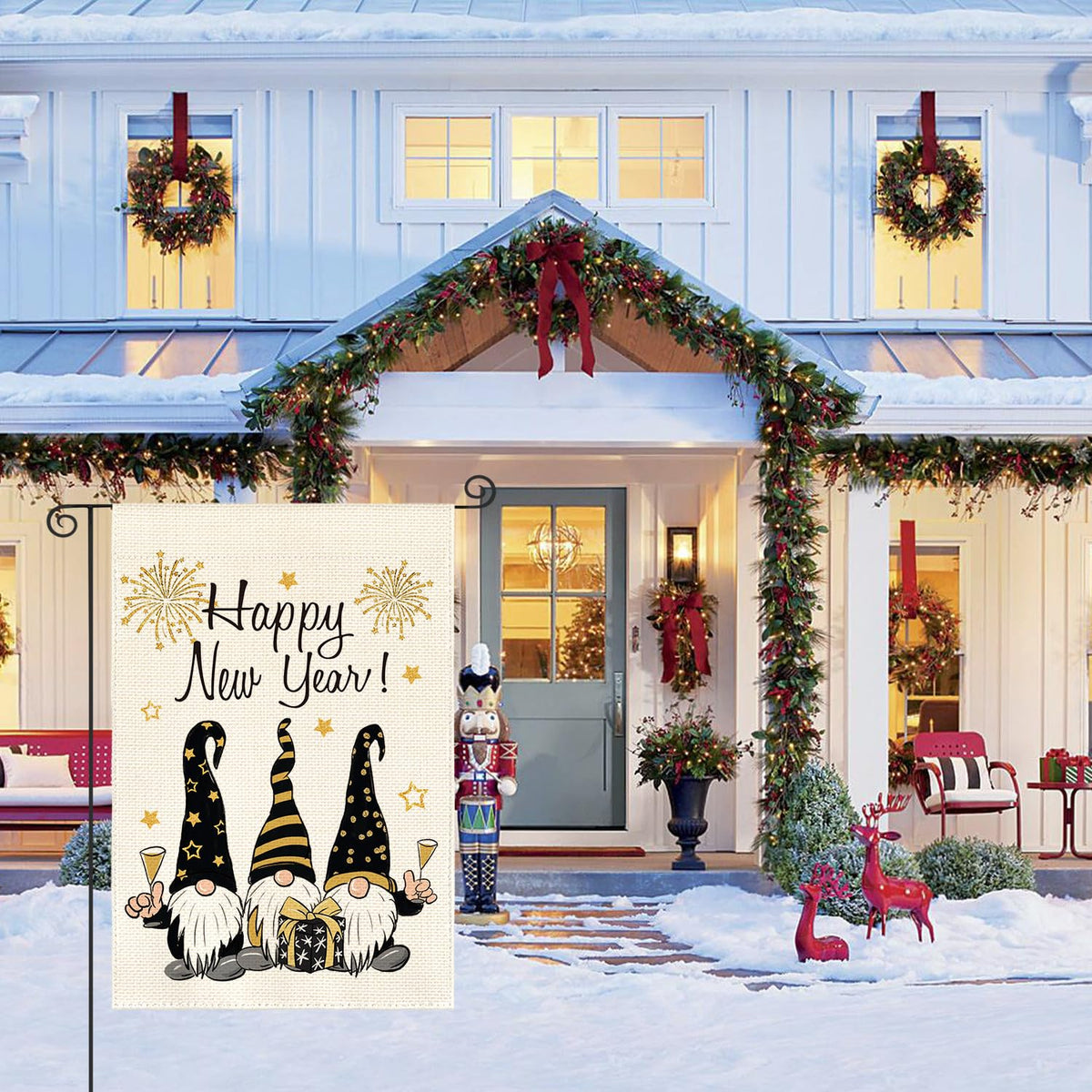 Happy New Years Gnome Garden Flag Vertical 1-Sided, Winter Holiday Star Party Yard Outdoor