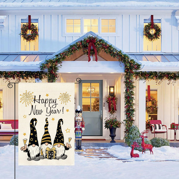 Happy New Years Gnome Garden Flag Vertical 1-Sided, Winter Holiday Star Party Yard Outdoor