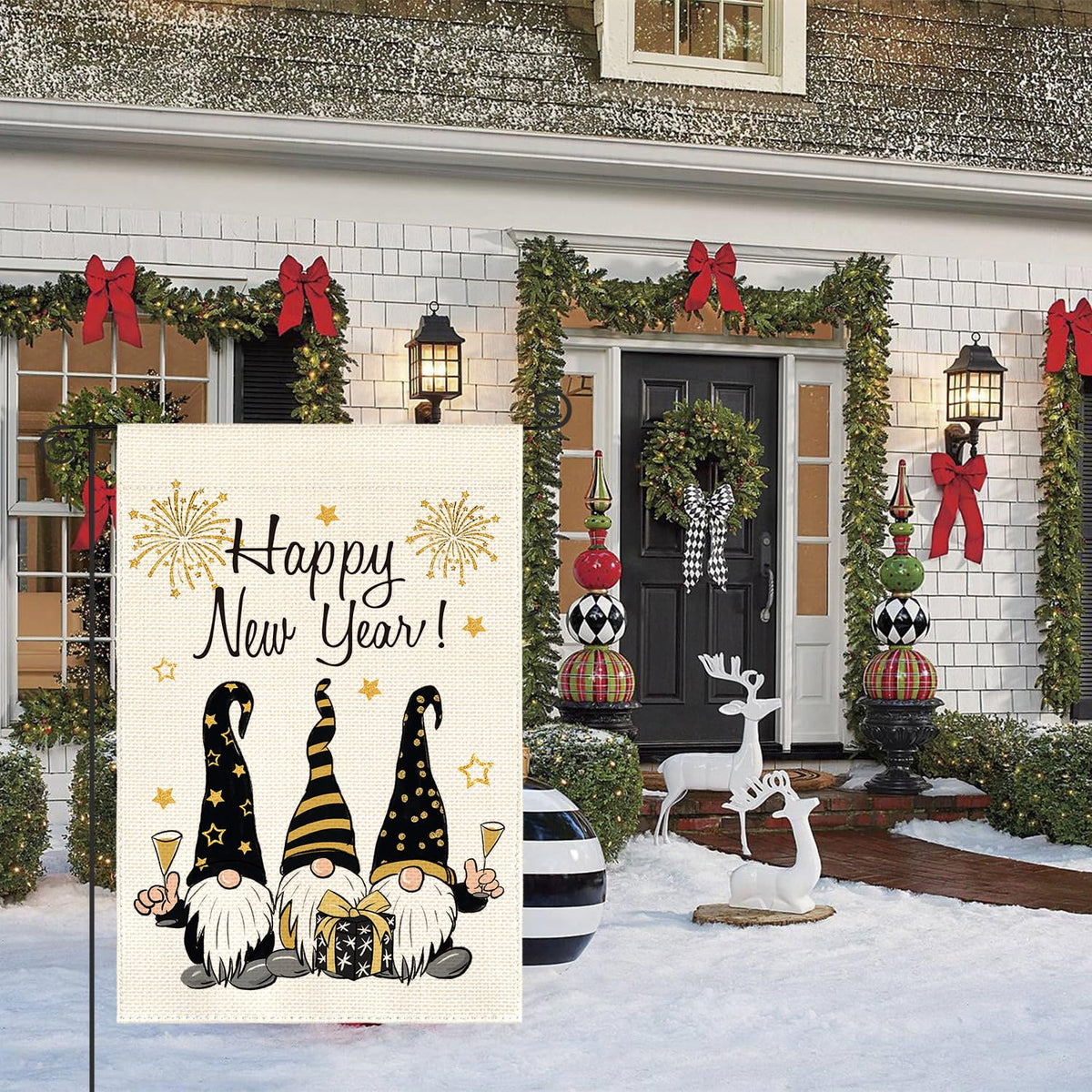 Happy New Years Gnome Garden Flag Vertical 1-Sided, Winter Holiday Star Party Yard Outdoor