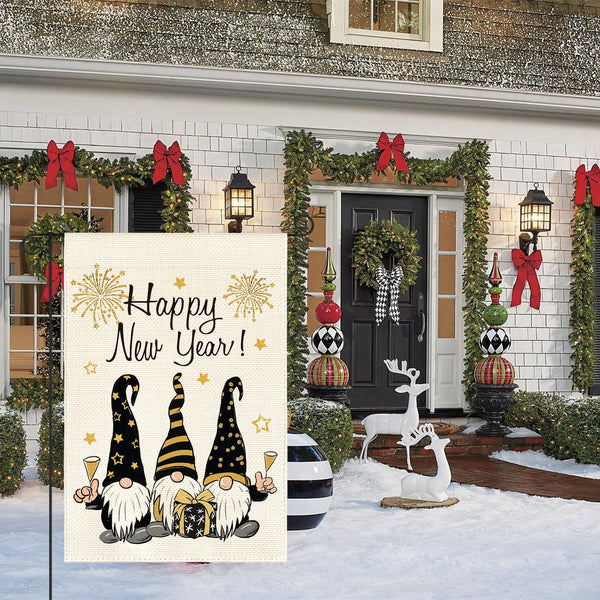 Happy New Years Gnome Garden Flag Vertical 1-Sided, Winter Holiday Star Party Yard Outdoor