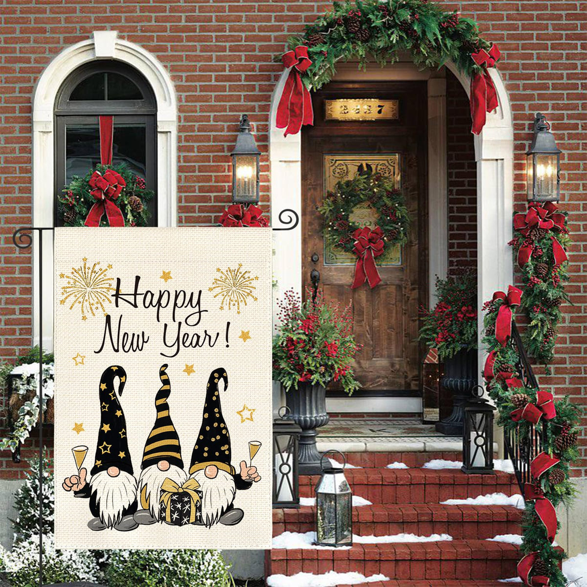 Happy New Years Gnome Garden Flag Vertical 1-Sided, Winter Holiday Star Party Yard Outdoor