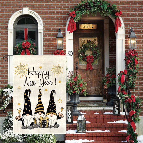 Happy New Years Gnome Garden Flag Vertical 1-Sided, Winter Holiday Star Party Yard Outdoor