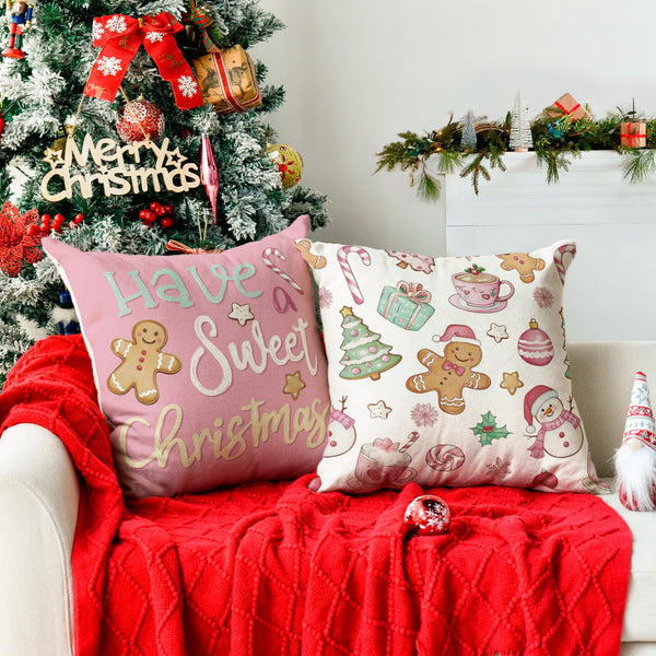 Have a Sweet Christmas Gingerbread Man Candy Cane Throw Pillow Covers, 18 x 18 Inch Joyful Blessed Pink