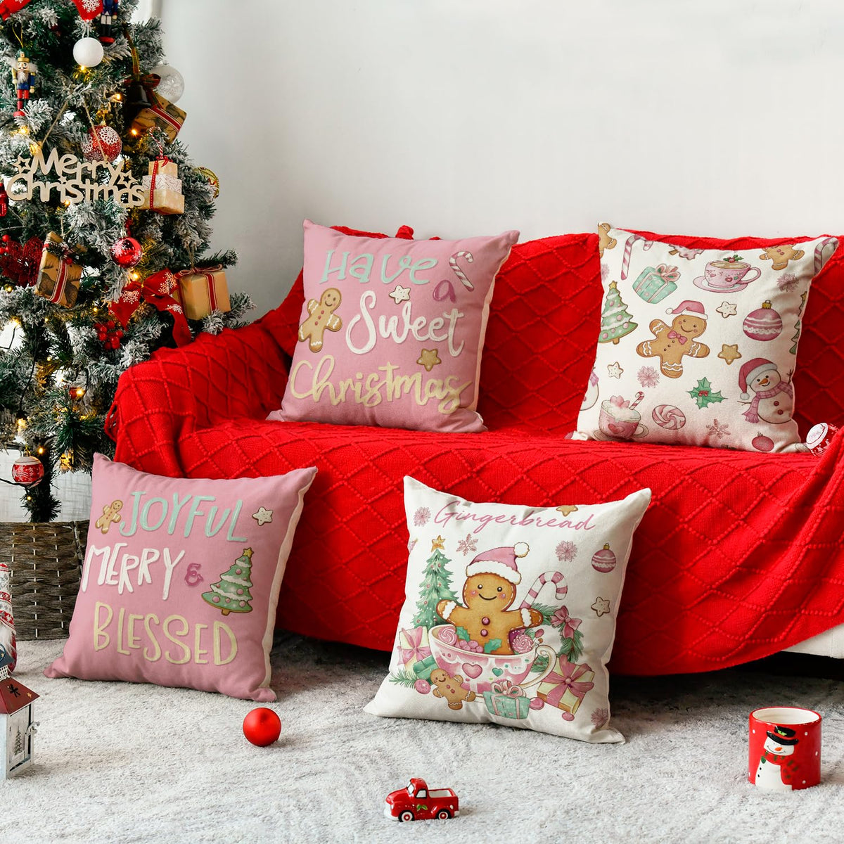 Have a Sweet Christmas Gingerbread Man Candy Cane Throw Pillow Covers, 18 x 18 Inch Joyful Blessed Pink