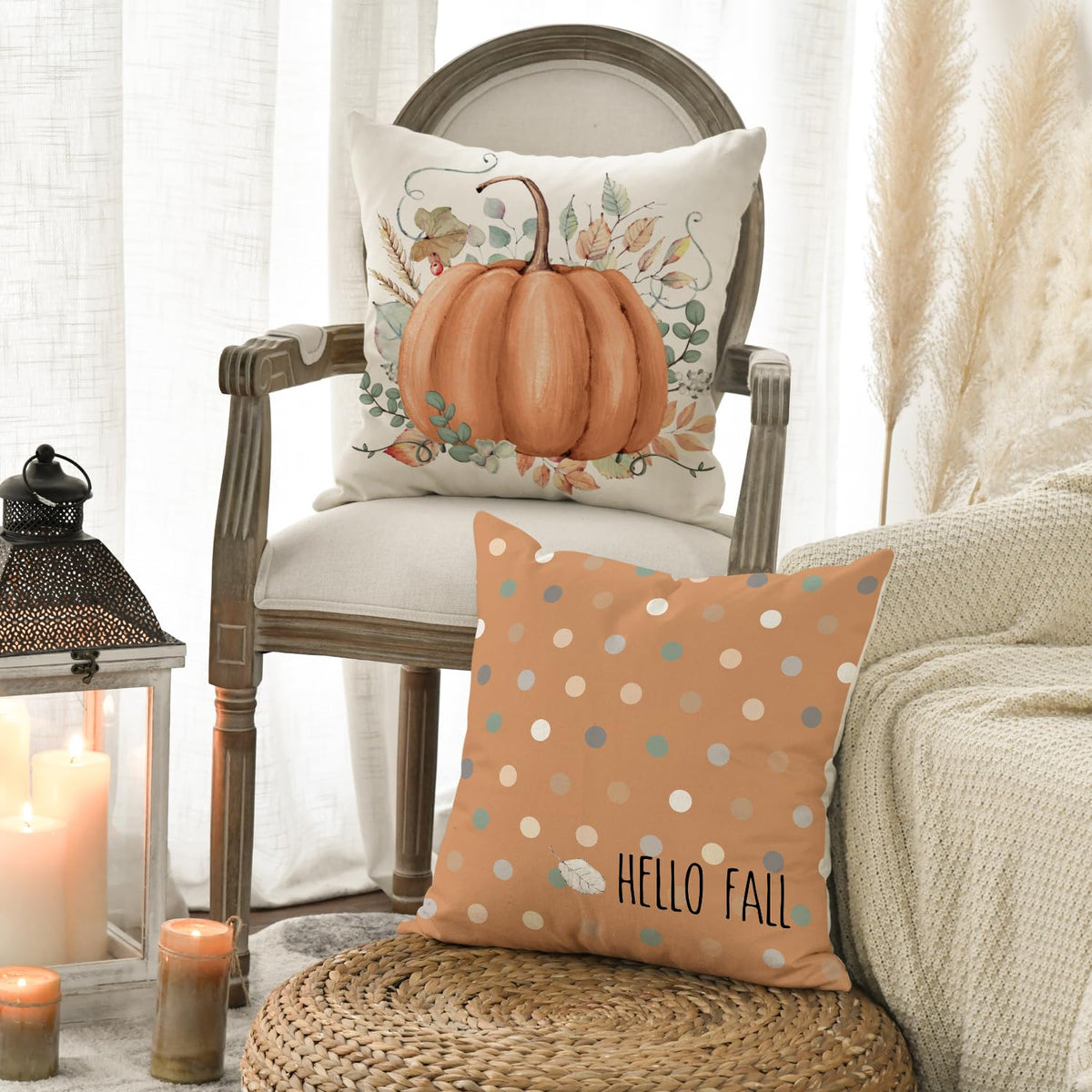 Hello Fall Hello Pumpkin Throw Pillow Covers, 18 x 18 Inch Autumn Thanksgiving Harvest Orange Eucalyptus