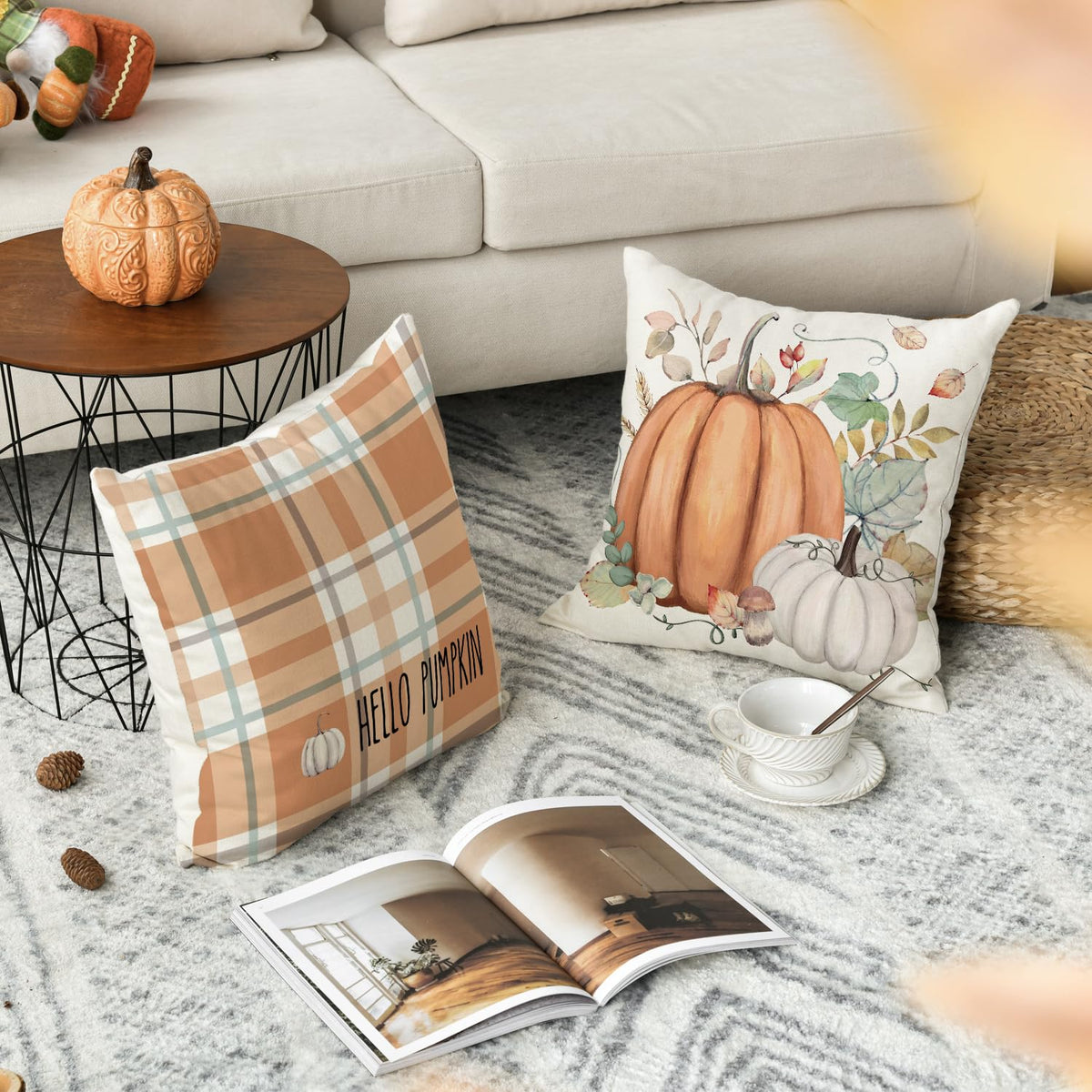 Hello Fall Hello Pumpkin Throw Pillow Covers, 18 x 18 Inch Autumn Thanksgiving Harvest Orange Eucalyptus