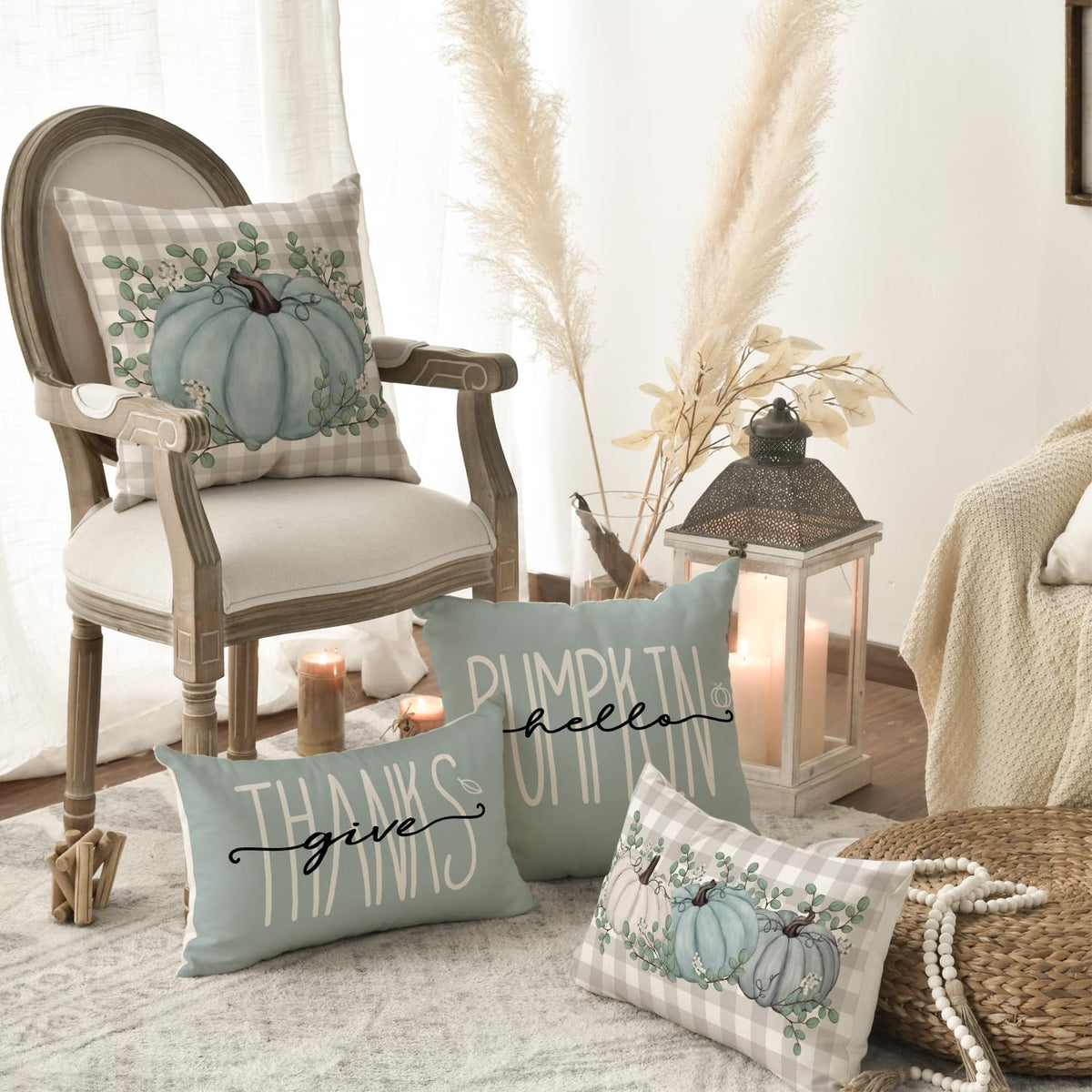 Hello Pumpkin Give Thanks Throw Pillow Covers 18x18 Set of 4, Fall Autumn Thanksgiving Eucalyptus Leaves Harvest