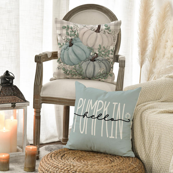 Hello Pumpkin Give Thanks Throw Pillow Covers 18x18 Set of 4, Fall Autumn Thanksgiving Eucalyptus Leaves Harvest