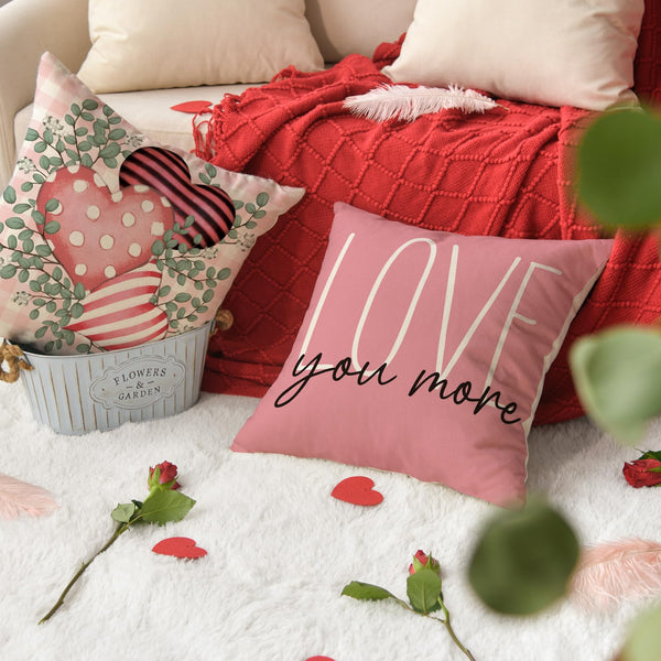 Hello Valentine Love You More Eucalyptus Leaves Pink Throw Pillow Covers, 18 x 18 Inch Buffalo Plaid Polka Dot Stripes