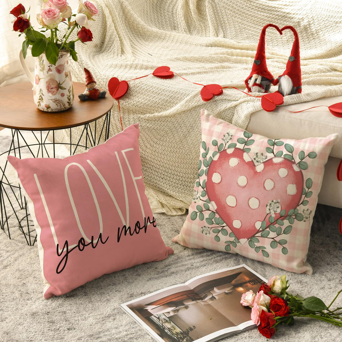 Hello Valentine Love You More Eucalyptus Leaves Pink Throw Pillow Covers, 18 x 18 Inch Buffalo Plaid Polka Dot Stripes