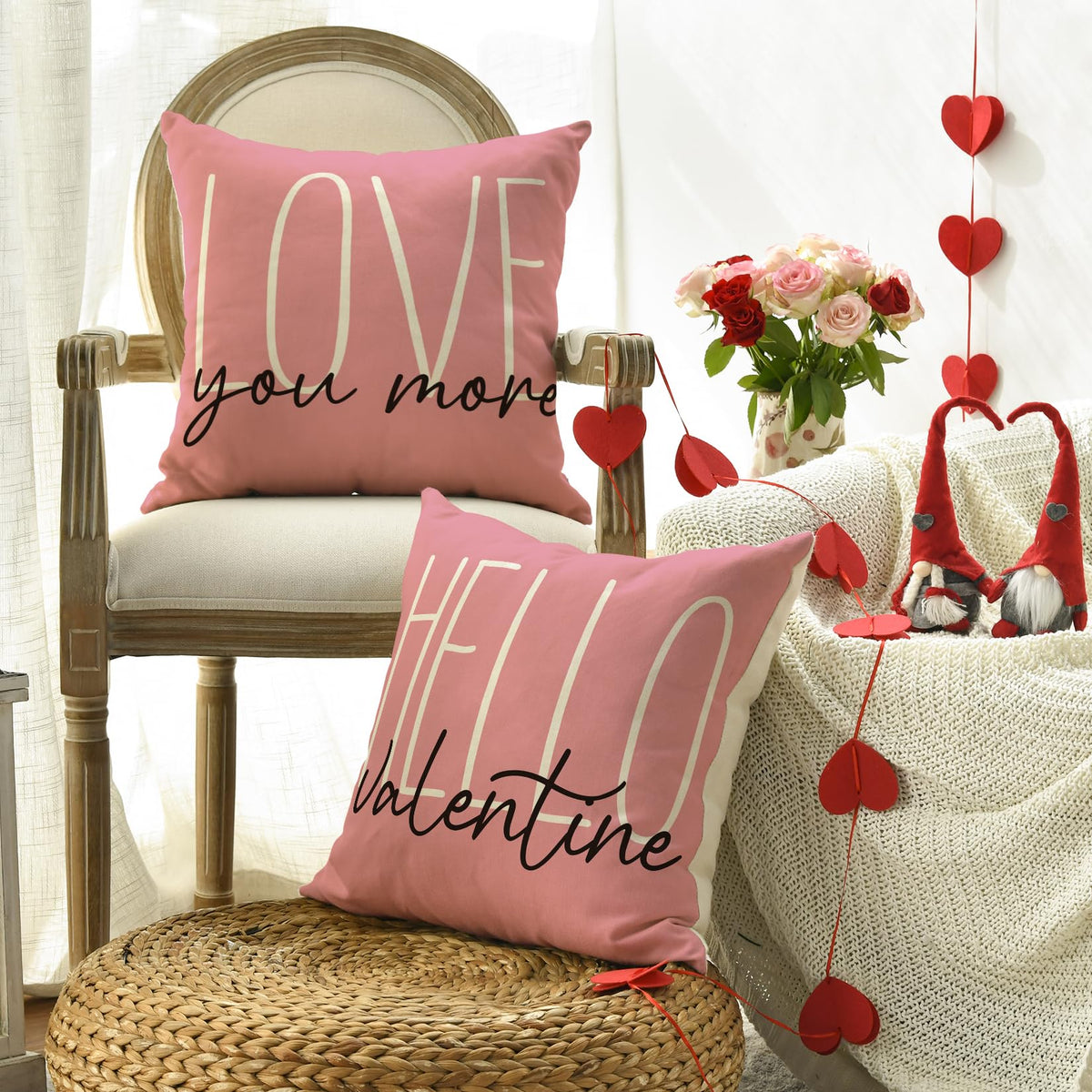 Hello Valentine Love You More Eucalyptus Leaves Pink Throw Pillow Covers, 18 x 18 Inch Buffalo Plaid Polka Dot Stripes