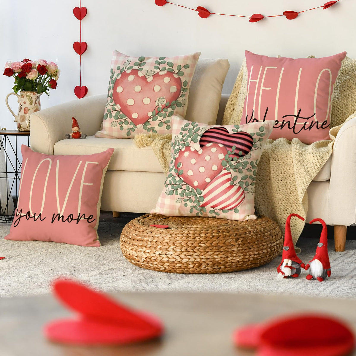 Hello Valentine Love You More Eucalyptus Leaves Pink Throw Pillow Covers, 18 x 18 Inch Buffalo Plaid Polka Dot Stripes