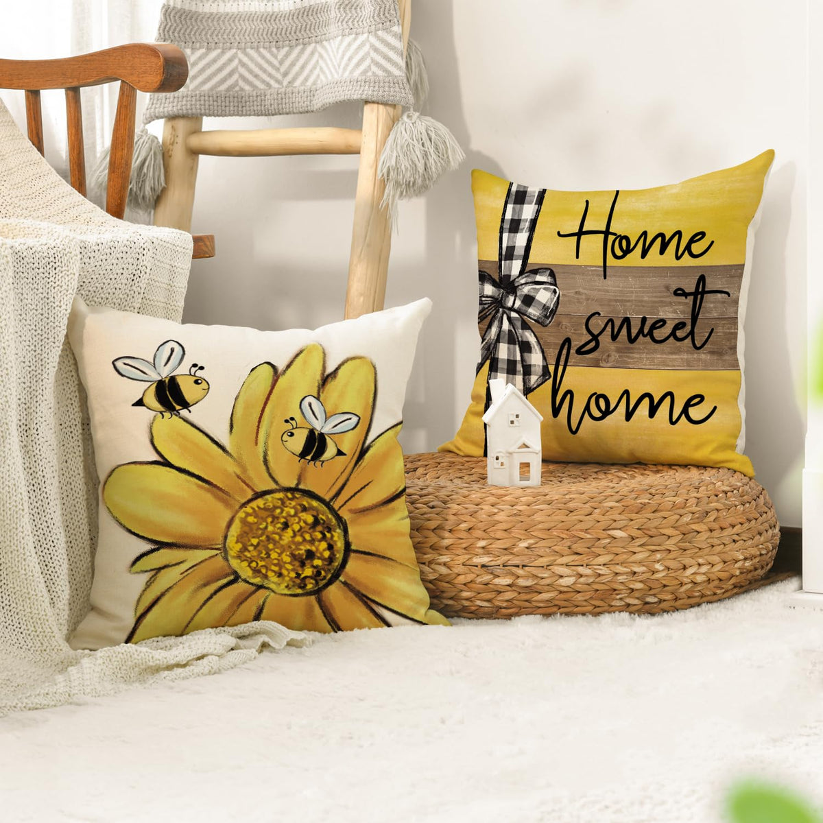 Velvet Home Sweet Home Bee Sunflower Throw Pillow Covers, 18 x 18 Inch Love Lives Here Spring Summer Stripes