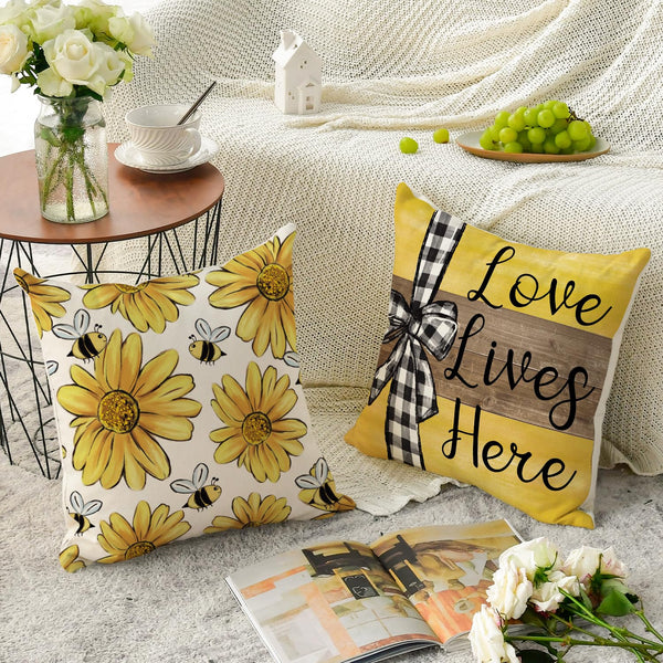 Velvet Home Sweet Home Bee Sunflower Throw Pillow Covers, 18 x 18 Inch Love Lives Here Spring Summer Stripes
