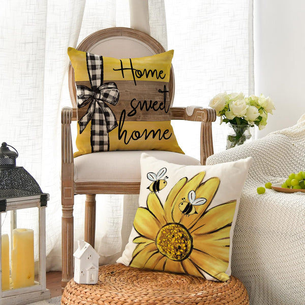 Velvet Home Sweet Home Bee Sunflower Throw Pillow Covers, 18 x 18 Inch Love Lives Here Spring Summer Stripes