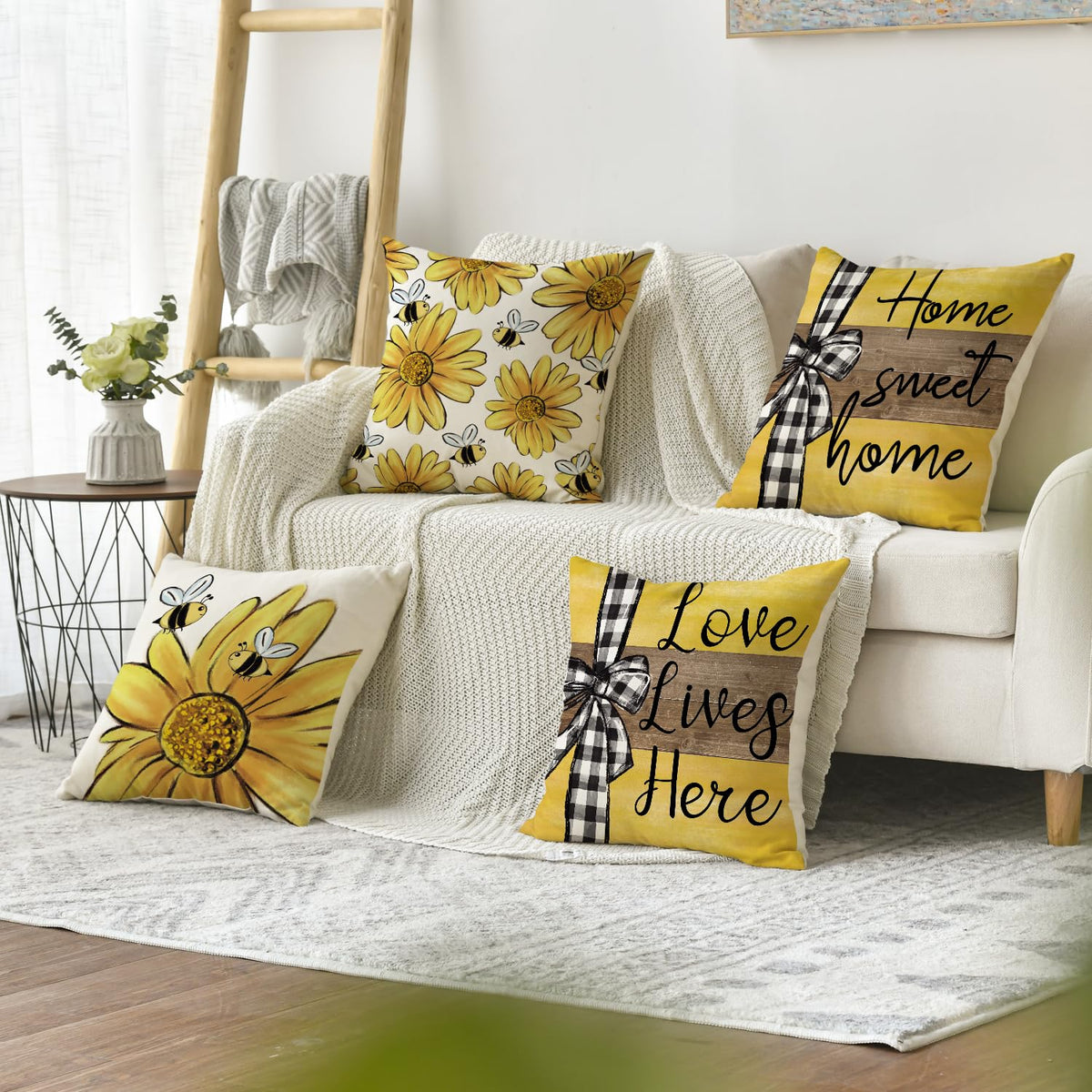 Velvet Home Sweet Home Bee Sunflower Throw Pillow Covers, 18 x 18 Inch Love Lives Here Spring Summer Stripes