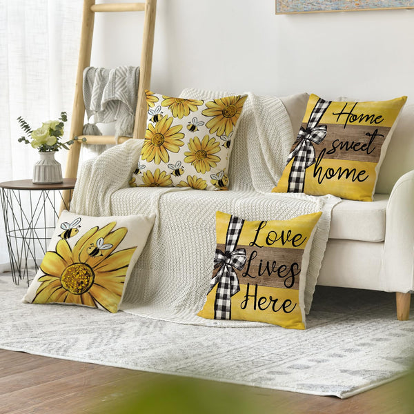 Velvet Home Sweet Home Bee Sunflower Throw Pillow Covers, 18 x 18 Inch Love Lives Here Spring Summer Stripes