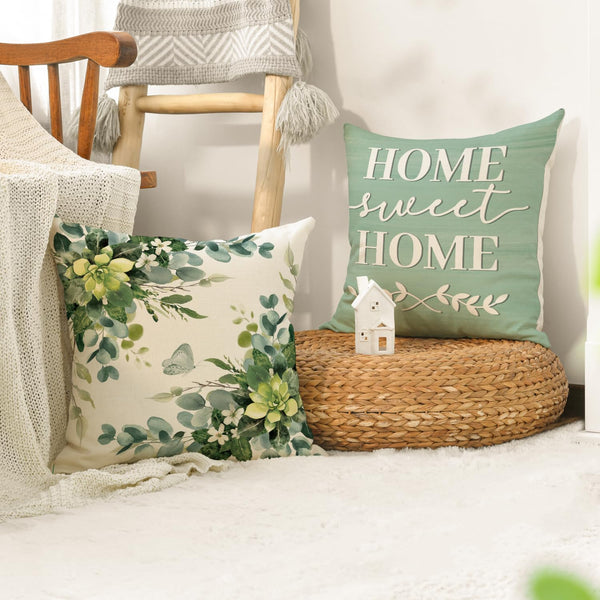 Home Sweet Home Eucalyptus Leaves Throw Pillow Covers, 18 x 18 Inch Seasonal Fall Motto Green