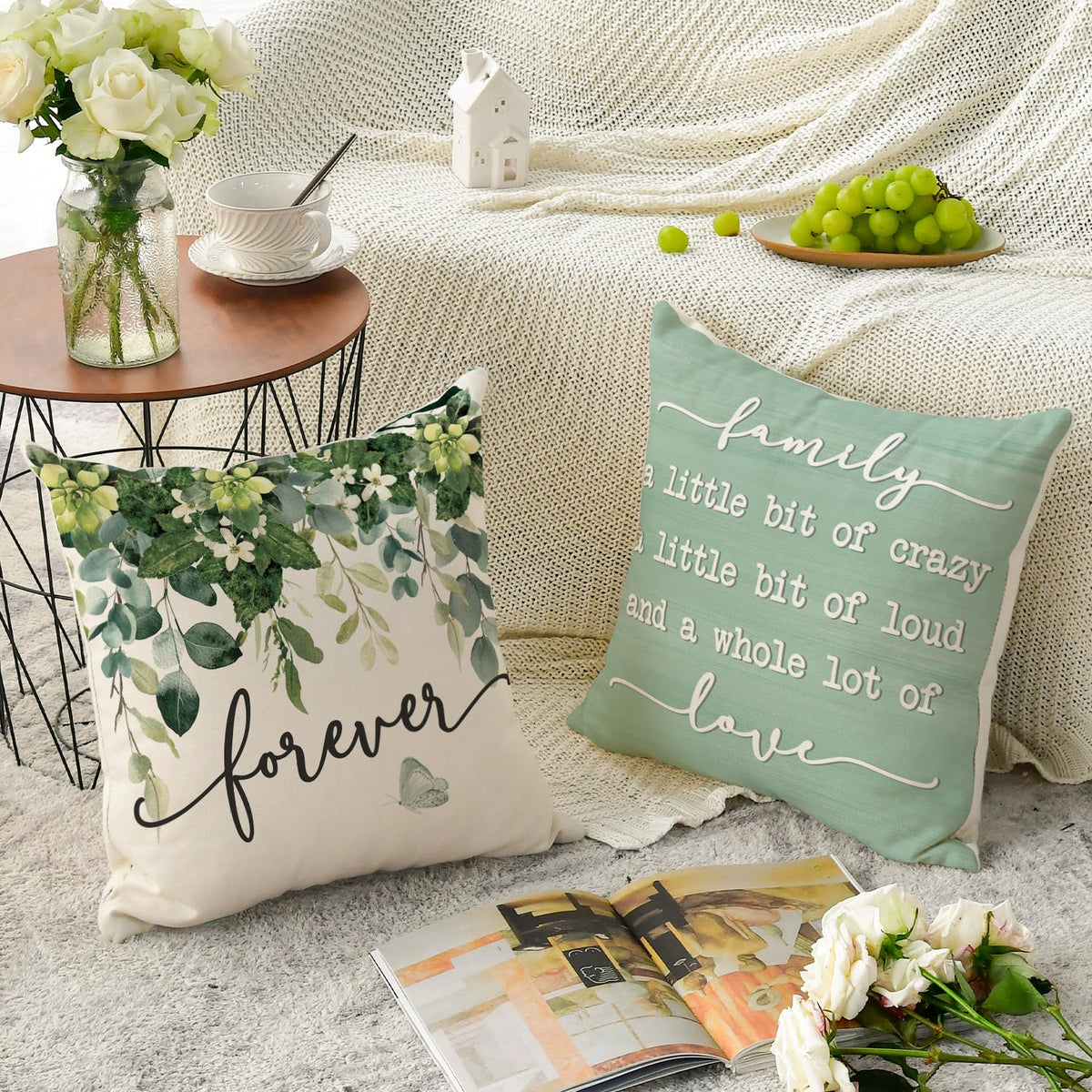 Home Sweet Home Eucalyptus Leaves Throw Pillow Covers, 18 x 18 Inch Seasonal Fall Motto Green