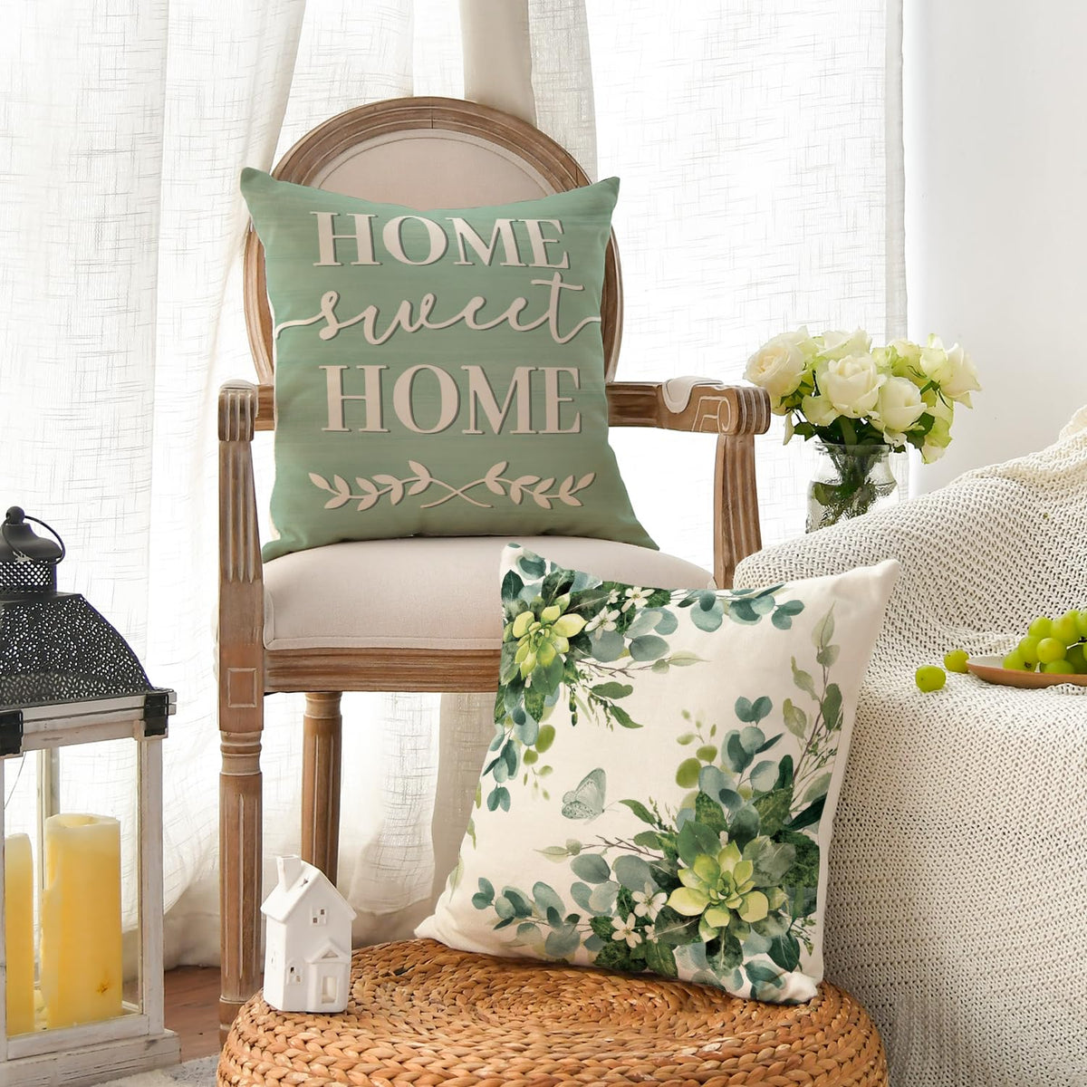 Home Sweet Home Eucalyptus Leaves Throw Pillow Covers, 18 x 18 Inch Seasonal Fall Motto Green