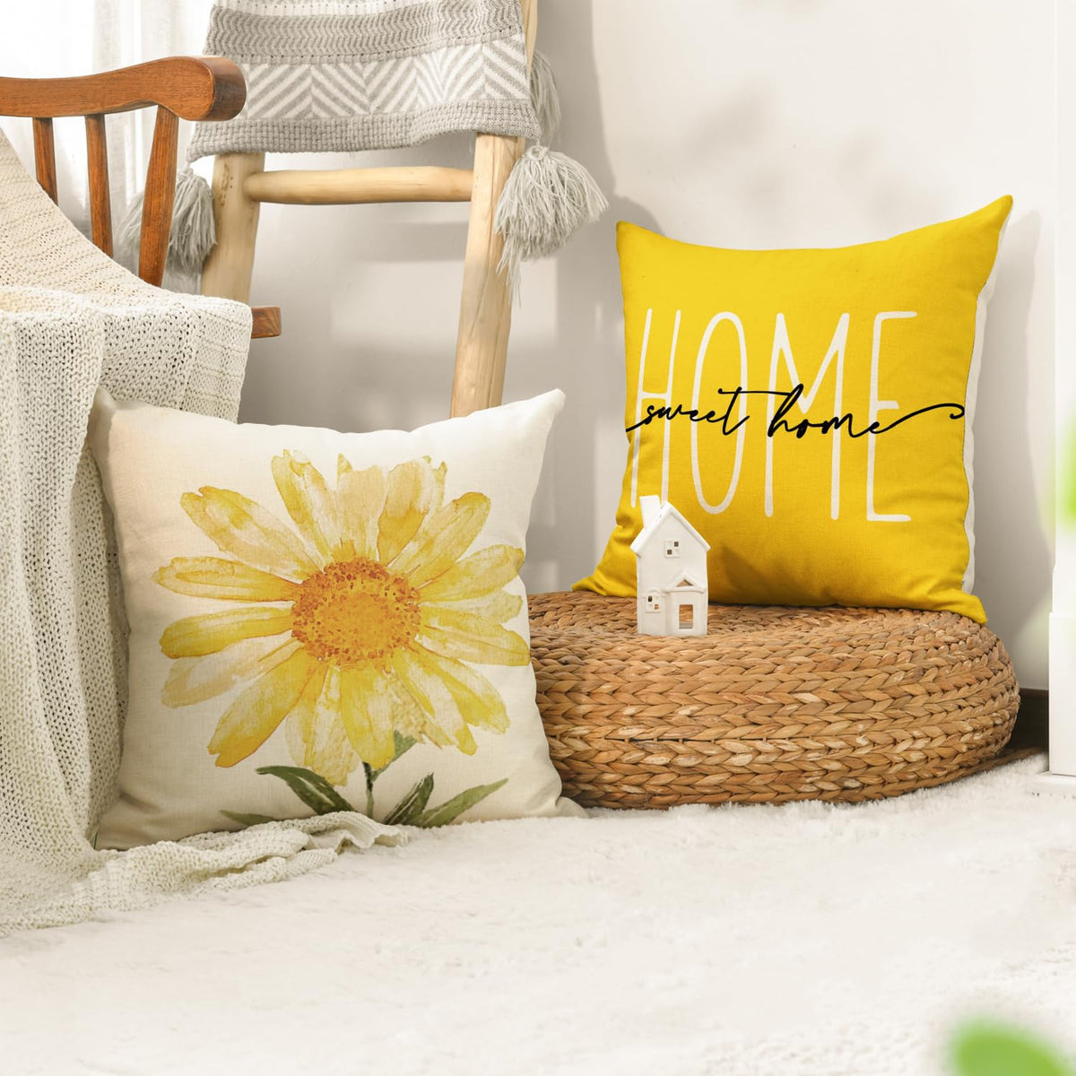 Velvet Home Sweet Home Spring Summer Flowers Yellow Throw Pillow Covers