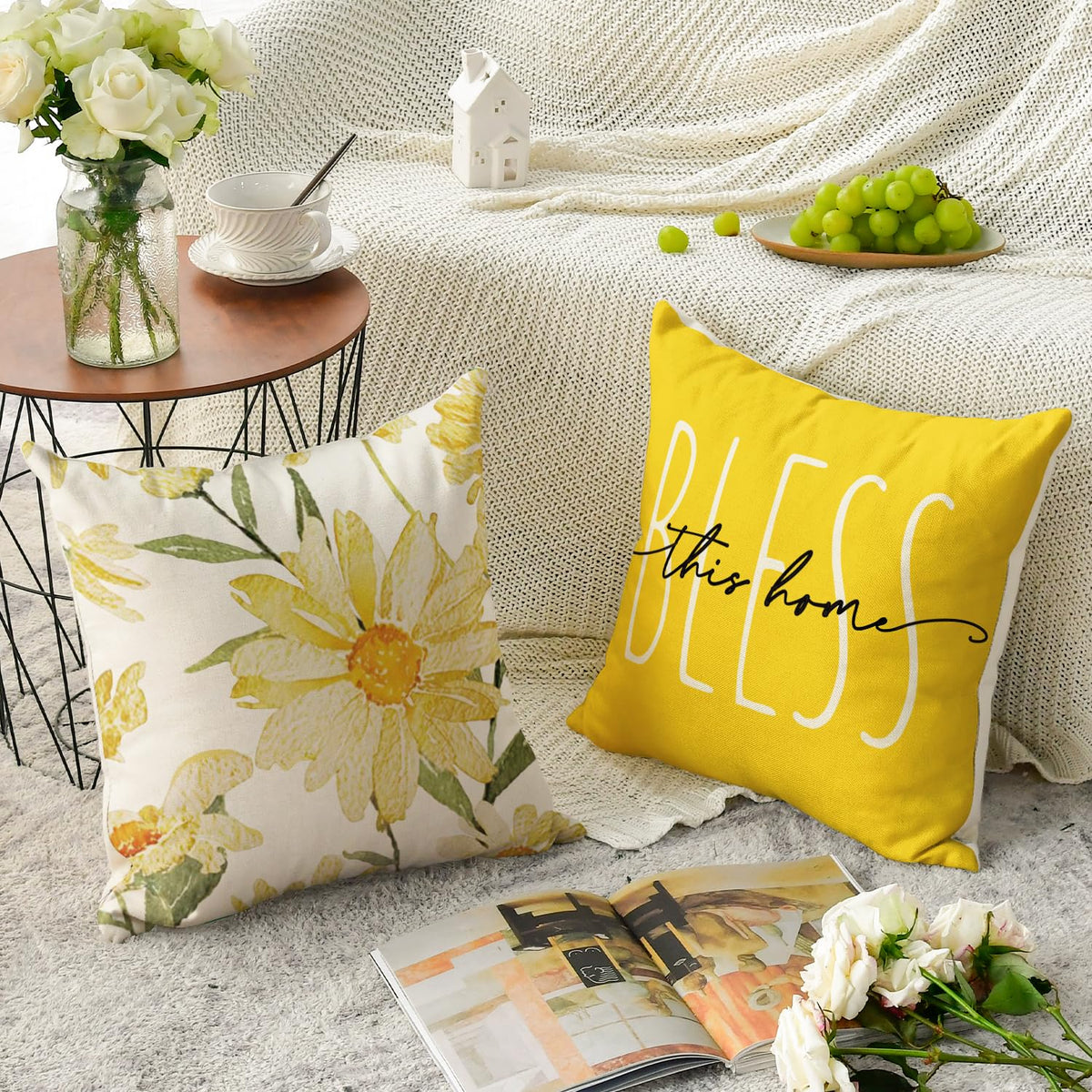 Velvet Home Sweet Home Spring Summer Flowers Yellow Throw Pillow Covers