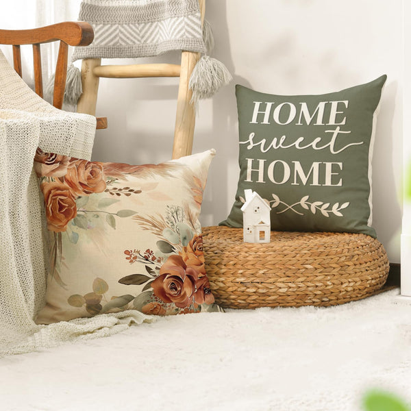 Home Sweet Home Terracotta Sage Throw Pillow Covers, 18 x 18 Inch Seasonal Fall Eucalyptus Floral