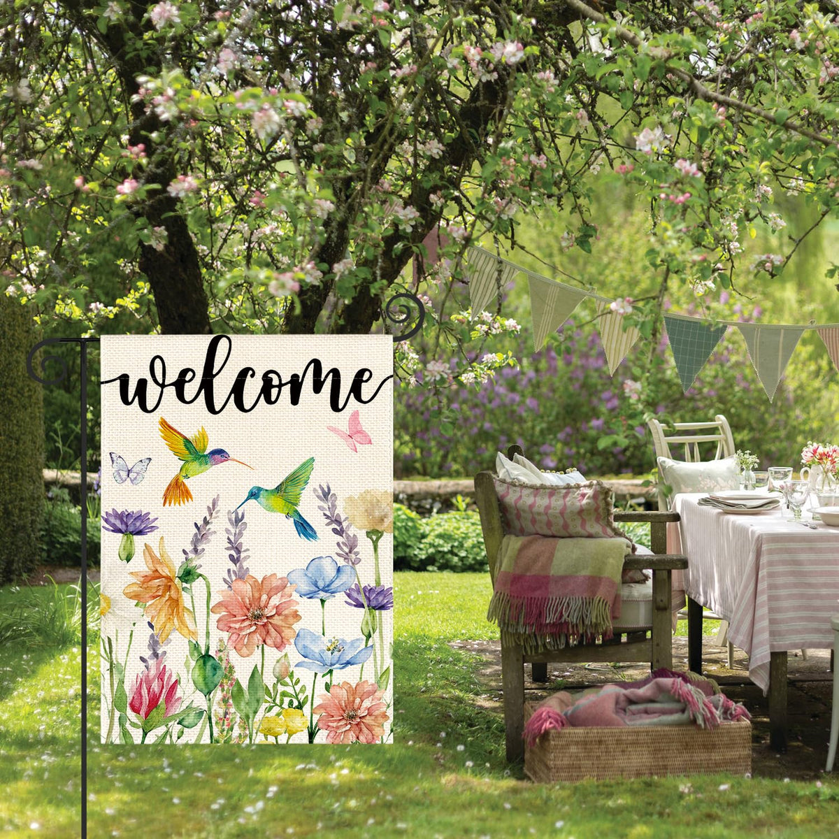 Hummingbird Spring Flowers Garden Flag 12 x 18 Inch 1 Sided, Seasonal Welcome Yard Outdoor Flag