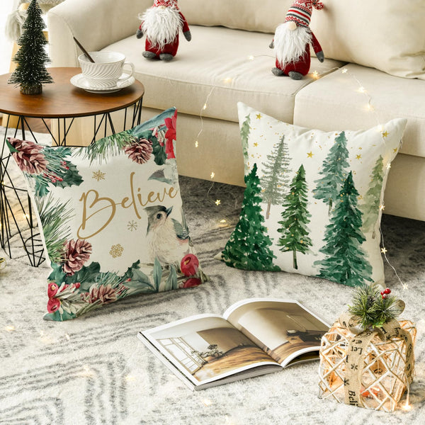 Joy Christmas Holly Berries Reindeer Believe Throw Pillow Covers, 18 x 18 Inch