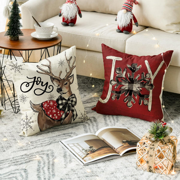 Joy Christmas Let It Snow Snowman Reindeer Throw Pillow Covers, 18 x 18 Inch Xmas Snowflake