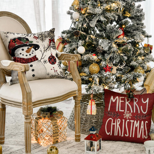 Joy Christmas Let It Snow Snowman Reindeer Throw Pillow Covers, 18 x 18 Inch Xmas Snowflake