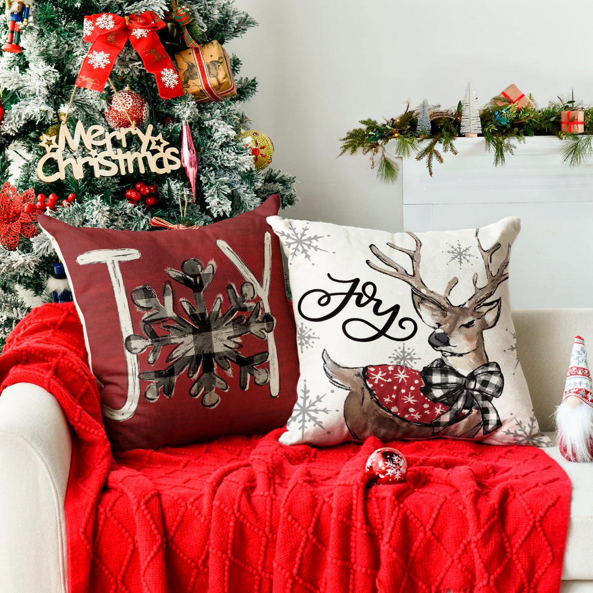 Joy Christmas Let It Snow Snowman Reindeer Throw Pillow Covers, 18 x 18 Inch Xmas Snowflake