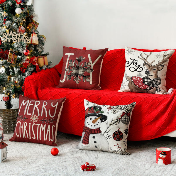 Joy Christmas Let It Snow Snowman Reindeer Throw Pillow Covers, 18 x 18 Inch Xmas Snowflake