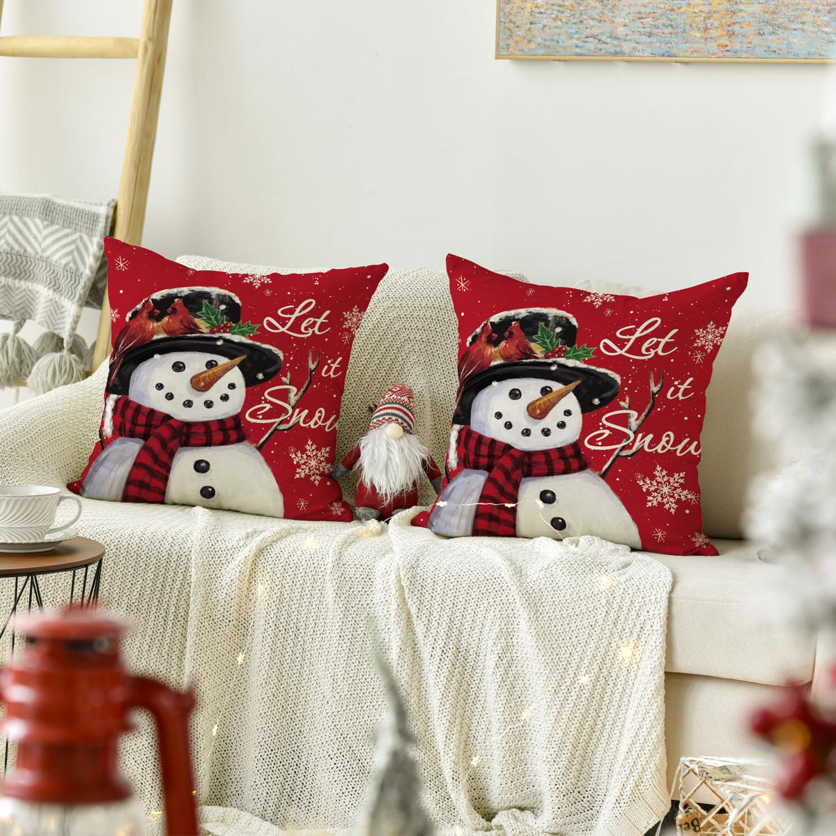 Let it Snow Snowman Christmas Red Throw Pillow Covers Set of 2, 18 x 18 Inch