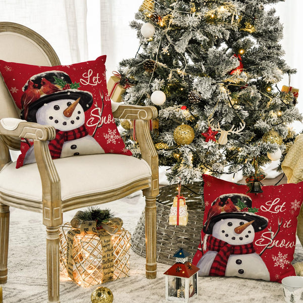Let it Snow Snowman Christmas Red Throw Pillow Covers Set of 2, 18 x 18 Inch