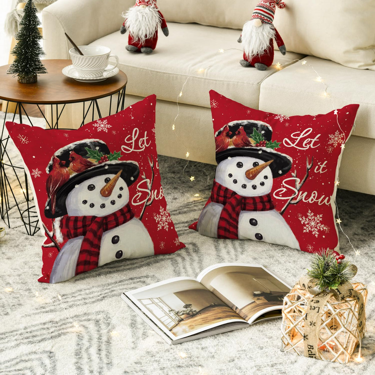 Let it Snow Snowman Christmas Red Throw Pillow Covers Set of 2, 18 x 18 Inch