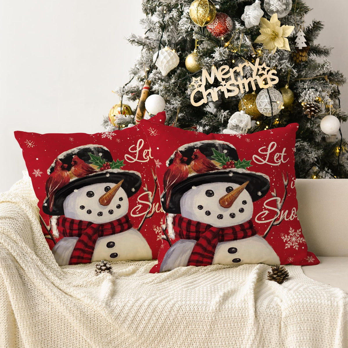 Let it Snow Snowman Christmas Red Throw Pillow Covers Set of 2, 18 x 18 Inch