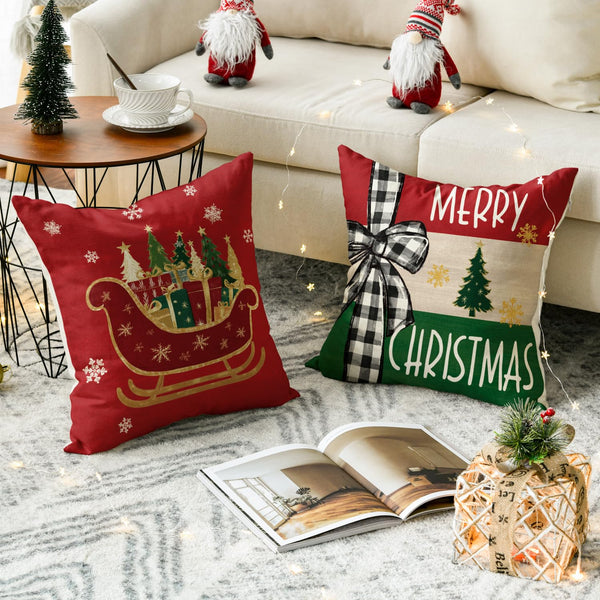 Merry Bright Christmas Trees Star Sleigh Throw Pillow Covers, 18 x 18 Inch Bow Snowflake Red