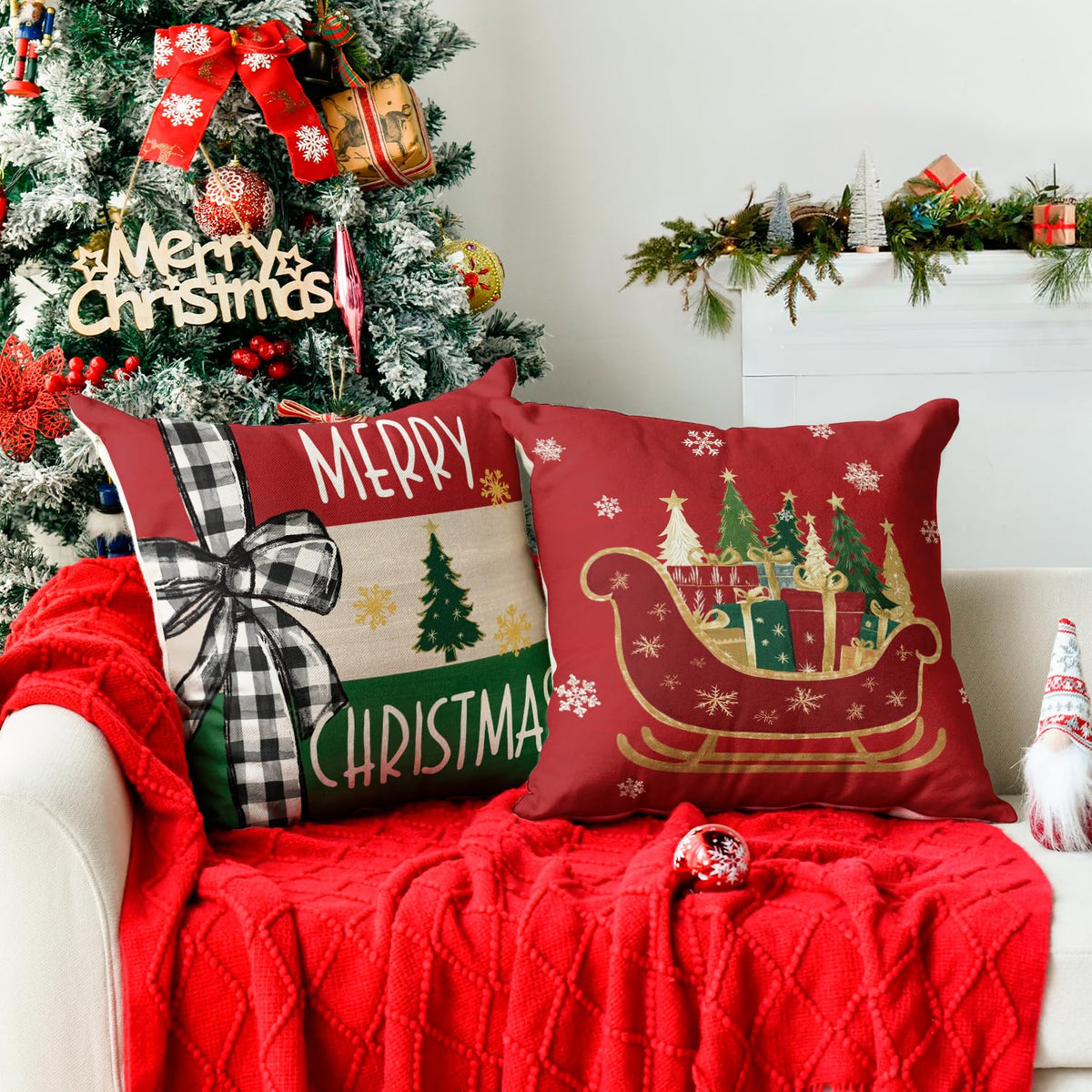 Merry Bright Christmas Trees Star Sleigh Throw Pillow Covers, 18 x 18 Inch Bow Snowflake Red