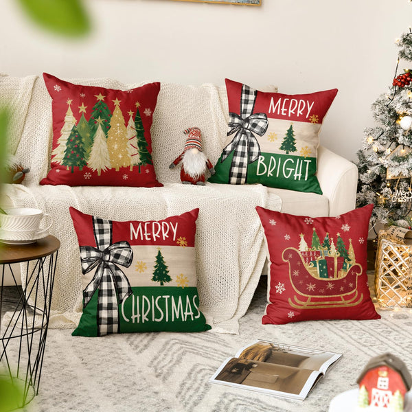 Merry Bright Christmas Trees Star Sleigh Throw Pillow Covers, 18 x 18 Inch Bow Snowflake Red