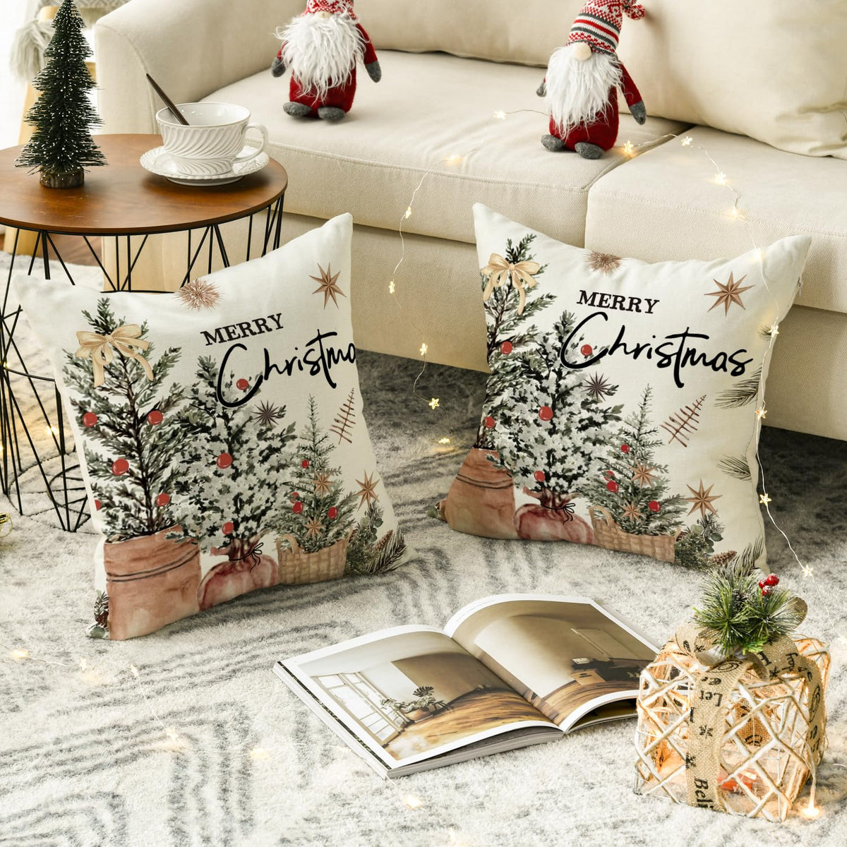 Merry Christmas Eucalyptus Red Berries Throw Pillow Covers Set of 2, 18 x 18 Inch