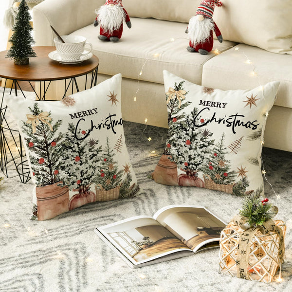 Merry Christmas Eucalyptus Red Berries Throw Pillow Covers Set of 2, 18 x 18 Inch