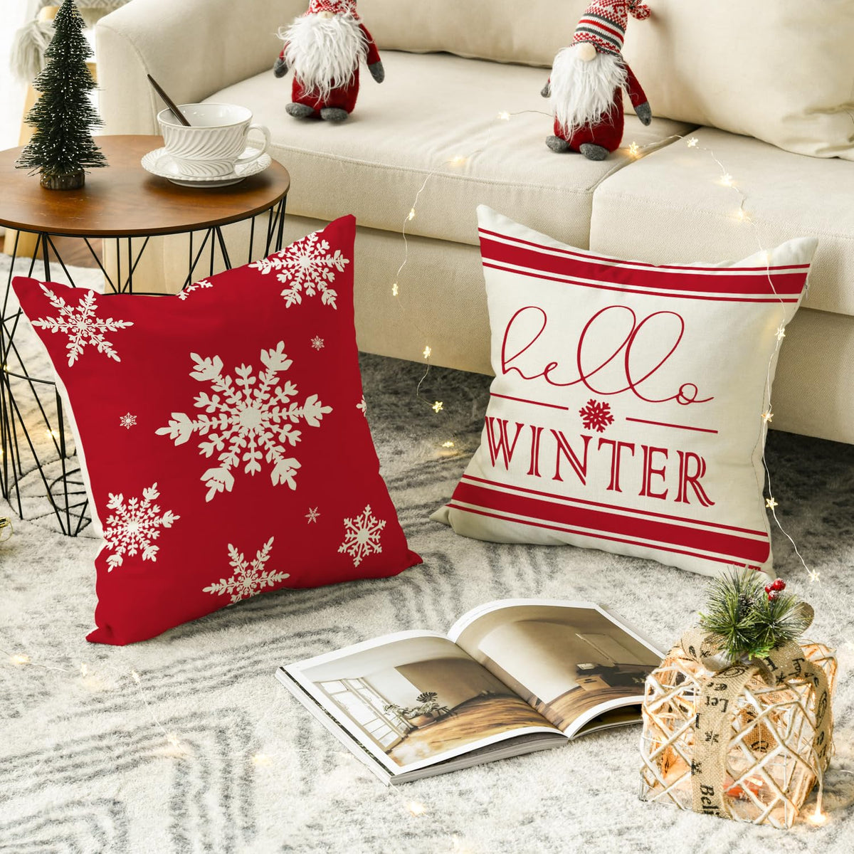 Merry Christmas Hello Winter Buffalo Plaid Snowflake Red Throw Pillow Cover