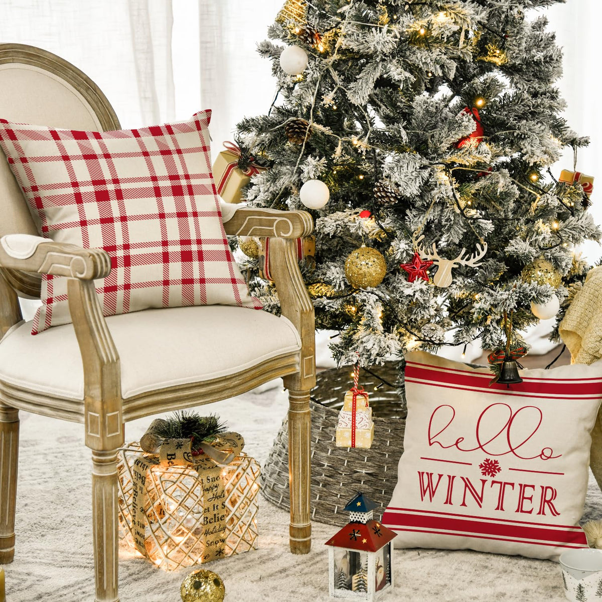 Merry Christmas Hello Winter Buffalo Plaid Snowflake Red Throw Pillow Cover