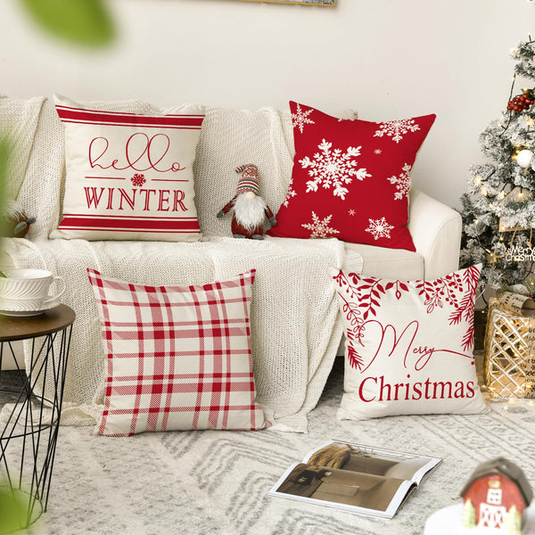 Merry Christmas Hello Winter Buffalo Plaid Snowflake Red Throw Pillow Cover