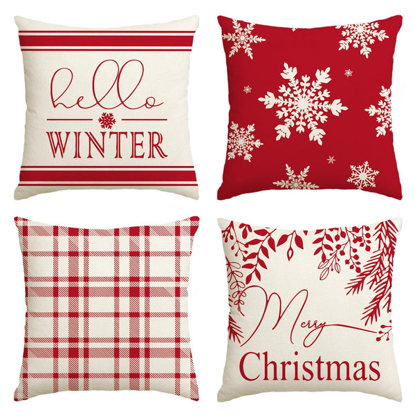 Merry Christmas Hello Winter Buffalo Plaid Snowflake Red Throw Pillow Cover